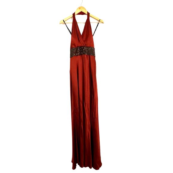Badgley Mischka New W Tags Copper Silk Halter Bejeweled Evening Gown W Train 4 - Picture 1 of 16